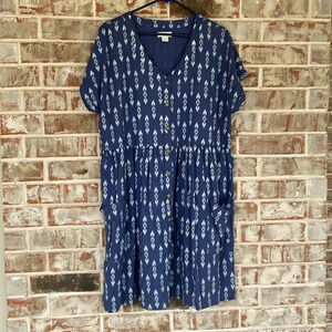 Payton & Parker Blue Tribal Print V-neck Button Up Casual Dress